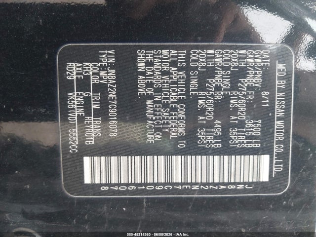Aukcja sprzedaży 2012 Infiniti Qx56, vin: JN8AZ2NE7C9016078, numer aukcji: 45314360