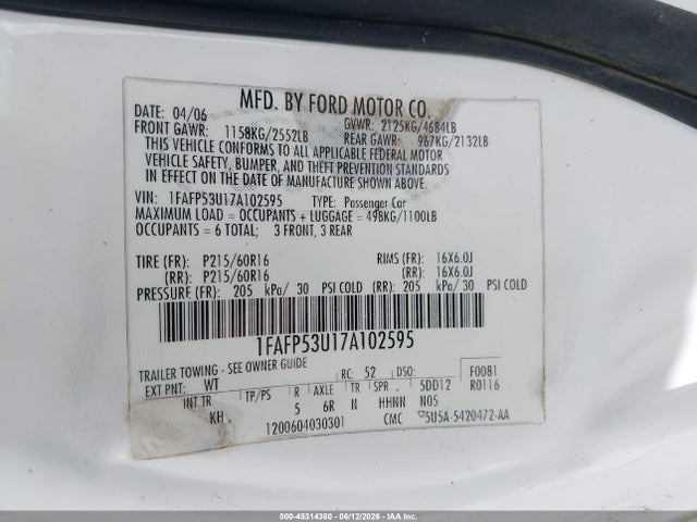 Aukcja sprzedaży 2007 Ford Taurus Se, vin: 1FAFP53U17A102595, numer aukcji: 45314380