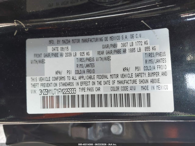Aukcja sprzedaży 2015 Mazda Mazda3 I Sport, vin: 3MZBM1U71FM229333, numer aukcji: 45314388