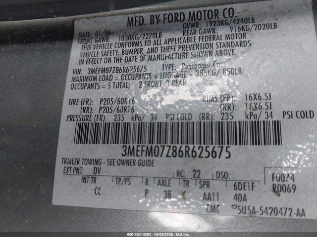Продажа на аукционе авто 2006 Mercury Milan I4, vin: 3MEFM07Z86R625675, номер лота: 45314393