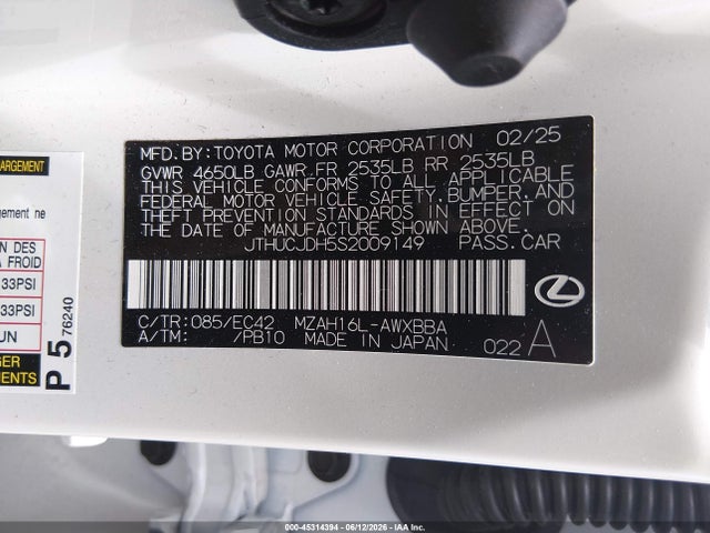 45314394 :رقم المزاد ، JTHUCJDH5S2009149 vin ، 2025 Lexus Ux 300h Premium مزاد بيع