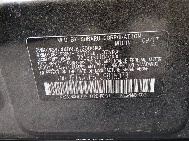 Subaru Wrx Limited 2018 JF1VA1H67J9815073 Image 9