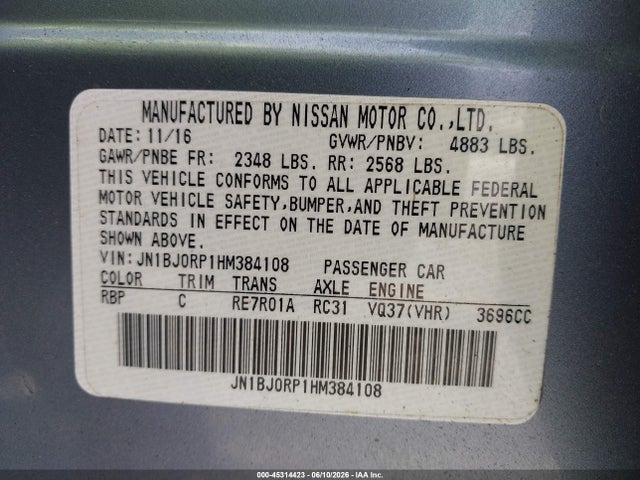 45314423 :رقم المزاد ، JN1BJ0RP1HM384108 vin ، 2017 Infiniti Qx50 مزاد بيع