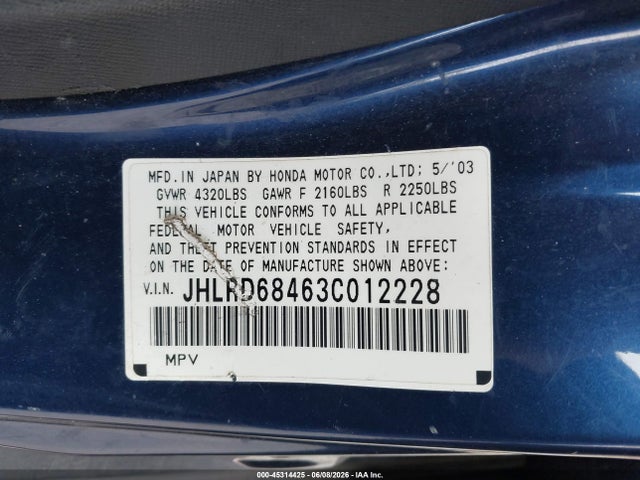 Aukcja sprzedaży 2003 Honda Cr-v Lx, vin: JHLRD68463C012228, numer aukcji: 45314425