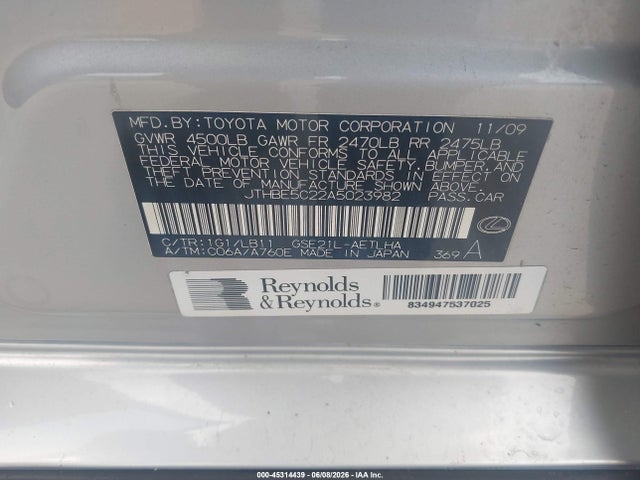 Aukcja sprzedaży 2010 Lexus Is 350, vin: JTHBE5C22A5023982, numer aukcji: 45314439