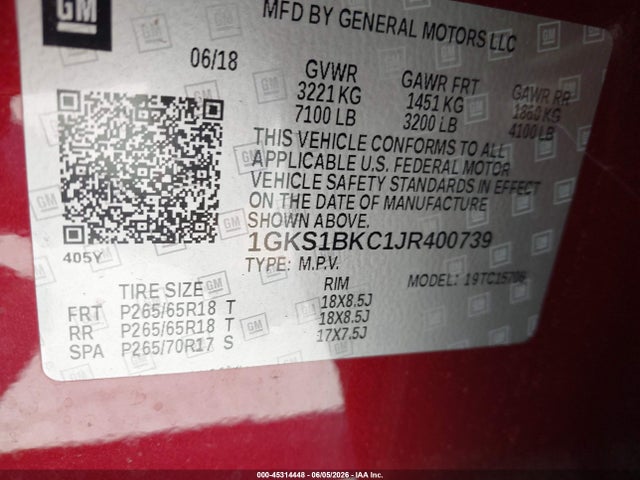 Aukcja sprzedaży 2018 Gmc Yukon Slt, vin: 1GKS1BKC1JR400739, numer aukcji: 45314448