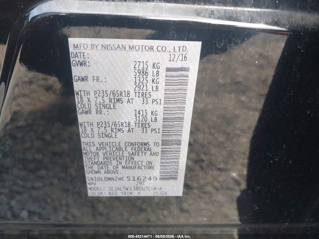 Продаж на аукціоні авто 2017 Infiniti Qx60, vin: 5N1DL0MN2HC516249, номер лоту: 45314471