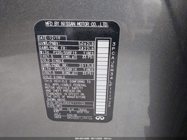 Aukcja sprzedaży 2020 Infiniti Qx50 Essential Awd, vin: 3PCAJ5M34LF111725, numer aukcji: 45314498
