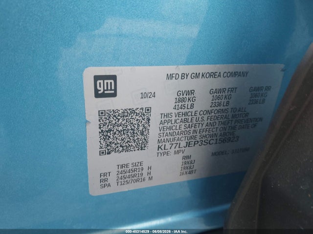45314529 :رقم المزاد ، KL77LJEP3SC156923 vin ، 2025 Chevrolet Trax Fwd 2rs مزاد بيع