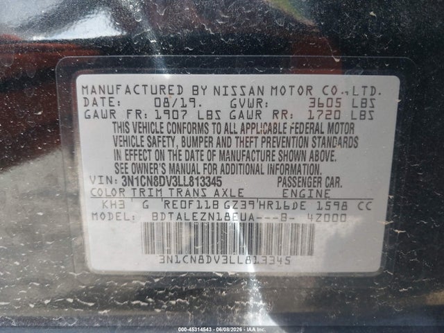 Aukcja sprzedaży 2020 Nissan Versa S Xtronic Cvt, vin: 3N1CN8DV3LL813345, numer aukcji: 45314543