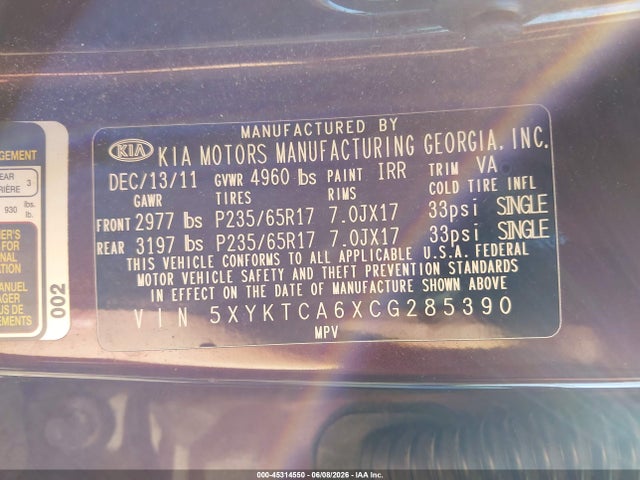 Aukcja sprzedaży 2012 Kia Sorento Lx, vin: 5XYKTCA6XCG285390, numer aukcji: 45314550