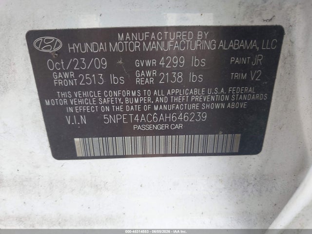 2010 Hyundai Sonata Gls მანქანა იყიდება აუქციონზე, vin: 5NPET4AC6AH646239, აუქციონის ნომერი: 45314553