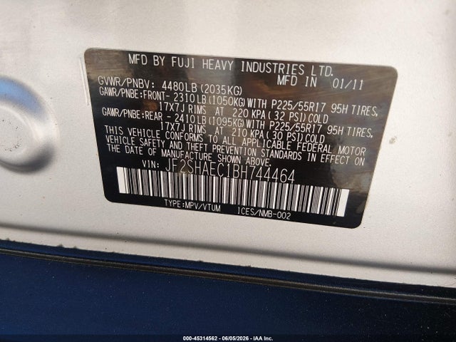 45314562 :رقم المزاد ، JF2SHAEC1BH744464 vin ، 2011 Subaru Forester 2.5x Limited مزاد بيع