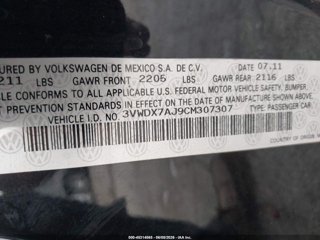 Aukcja sprzedaży 2012 Volkswagen Jetta 2.5l Se, vin: 3VWDX7AJ9CM307307, numer aukcji: 45314565