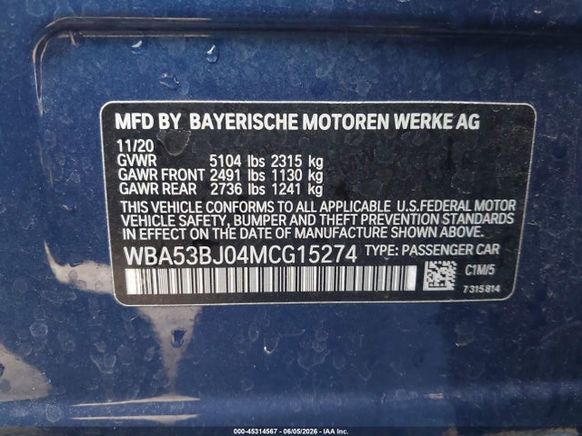 Aukcja sprzedaży 2021 Bmw 540i, vin: WBA53BJ04MCG15274, numer aukcji: 45314567