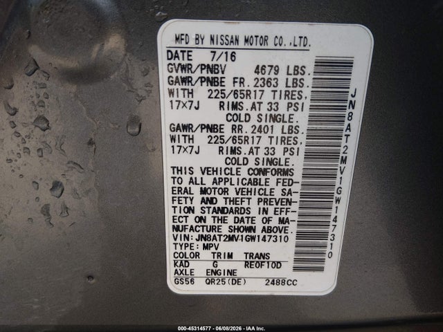 2016 Nissan Rogue S მანქანა იყიდება აუქციონზე, vin: JN8AT2MV1GW147310, აუქციონის ნომერი: 45314577