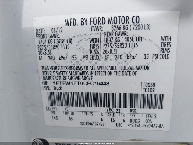 Aukcja sprzedaży 2012 Ford F-150 Fx4, vin: 1FTFW1ET0CFC16448, numer aukcji: 45314580