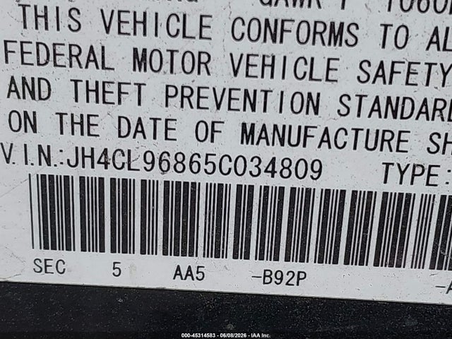 45314583 :رقم المزاد ، JH4CL96865C034809 vin ، 2005 Acura Tsx مزاد بيع