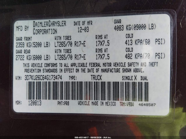 Aukcja sprzedaży 2004 Dodge Ram 2500 Slt/laramie, vin: 3D7KU26C64G173474, numer aukcji: 45314617