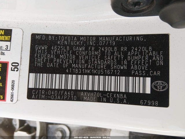 45314629 :رقم المزاد ، 4T1B31HK1KU516712 vin ، 2019 Toyota Camry Hybrid Le مزاد بيع