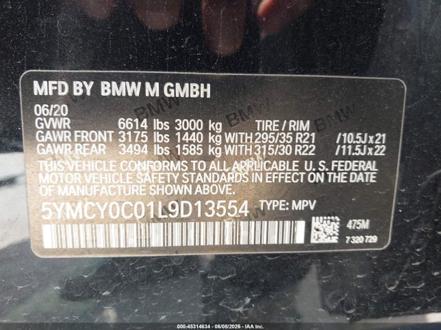 45314634 :رقم المزاد ، 5YMCY0C01L9D13554 vin ، 2020 Bmw X6 M Competition مزاد بيع