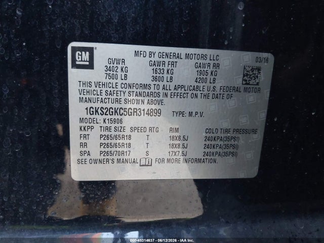 Aukcja sprzedaży 2016 Gmc Yukon Xl Slt, vin: 1GKS2GKC5GR314899, numer aukcji: 45314637