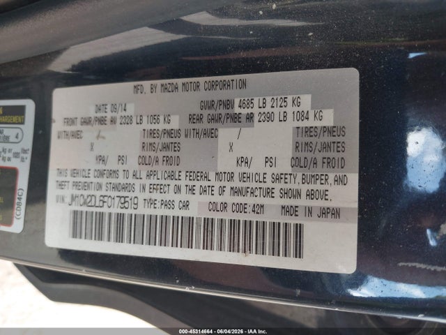 2015 Mazda Mazda5 Grand Touring მანქანა იყიდება აუქციონზე, vin: JM1CW2DL6F0179519, აუქციონის ნომერი: 45314664