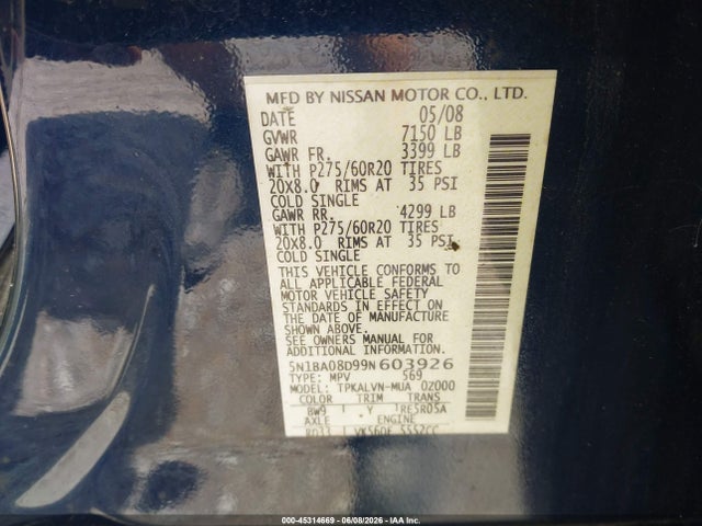 45314669 :رقم المزاد ، 5N1BA08D99N603926 vin ، 2009 Nissan Armada Le مزاد بيع