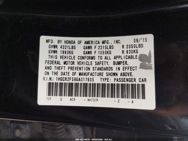 Aukcja sprzedaży 2016 Honda Accord Sport, vin: 1HGCR2F58GA017605, numer aukcji: 45314678