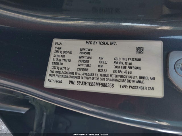 Tesla Model 3 Long Range 2021 5YJ3E1EB8MF988358 Image 9