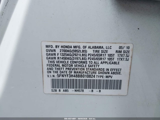 Aukcja sprzedaży 2011 Honda Pilot Ex, vin: 5FNYF3H48BB010824, numer aukcji: 45314691