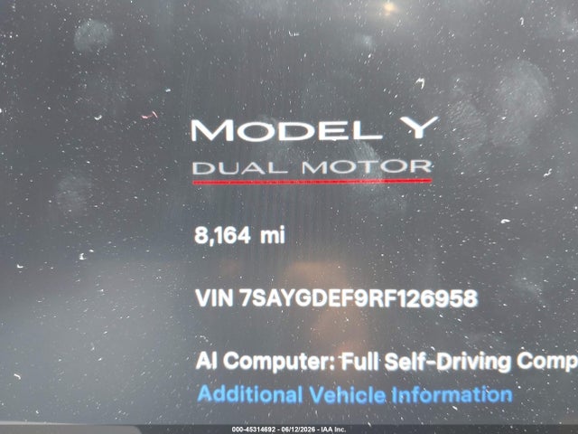 Auction sale of the 2024 Tesla Model Y Performance Dual Motor All-wheel Drive, vin: 7SAYGDEF9RF126958, lot number: 45314692