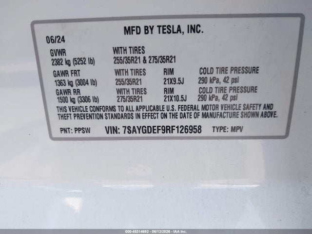 Auction sale of the 2024 Tesla Model Y Performance Dual Motor All-wheel Drive, vin: 7SAYGDEF9RF126958, lot number: 45314692