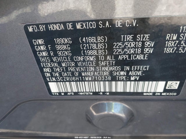 Aukcja sprzedaży 2021 Honda Hr-v Awd Sport, vin: 3CZRU6H11MM710338, numer aukcji: 45314697