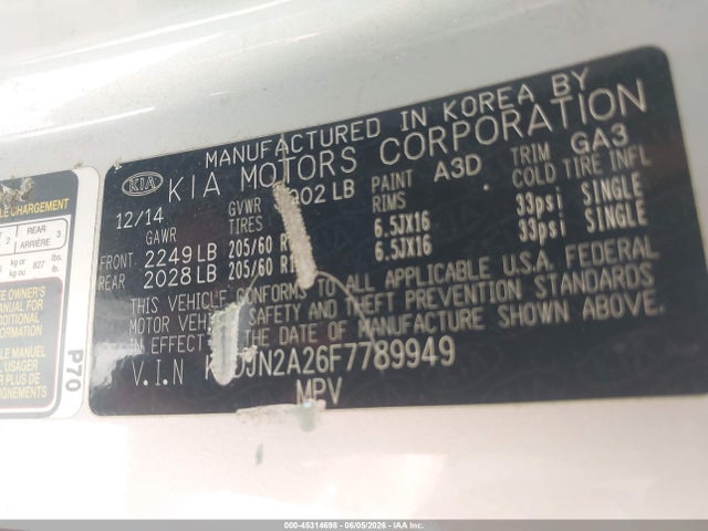 Aukcja sprzedaży 2015 Kia Soul, vin: KNDJN2A26F7789949, numer aukcji: 45314698
