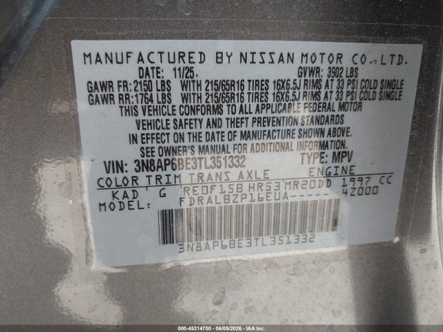 45314700 :رقم المزاد ، 3N8AP6BE3TL351332 vin ، 2026 Nissan Kicks S مزاد بيع