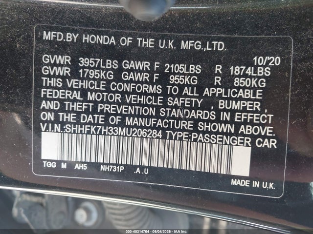 Aukcja sprzedaży 2021 Honda Civic Lx, vin: SHHFK7H33MU206284, numer aukcji: 45314704