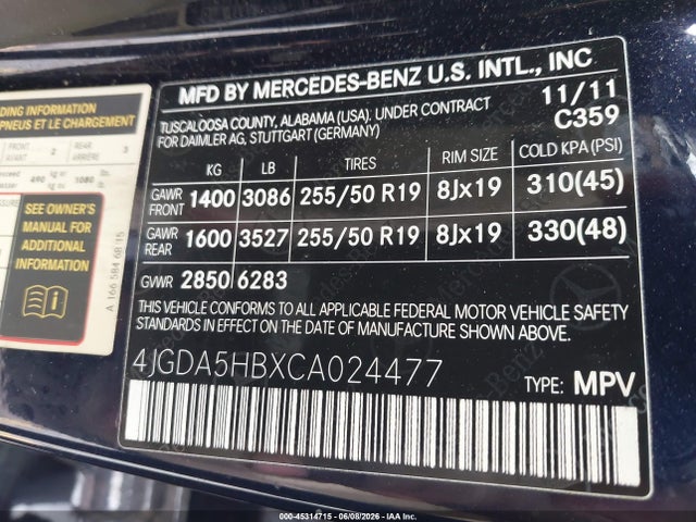 45314715 :رقم المزاد ، 4JGDA5HBXCA024477 vin ، 2012 Mercedes-benz Ml 350 4matic مزاد بيع