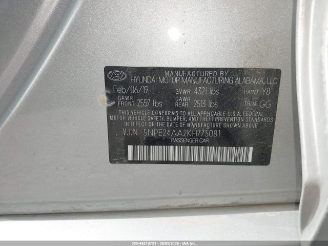 Aukcja sprzedaży 2019 Hyundai Sonata Eco, vin: 5NPE24AA2KH775081, numer aukcji: 45314721
