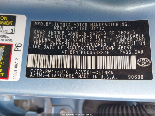 Aukcja sprzedaży 2012 Toyota Camry Le, vin: 4T1BF1FK6CU568316, numer aukcji: 45314730