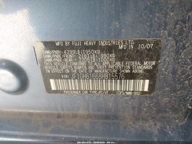 Aukcja sprzedaży 2008 Subaru Impreza Wagon (natl) I, vin: JF1GH61668H815576, numer aukcji: 45314733
