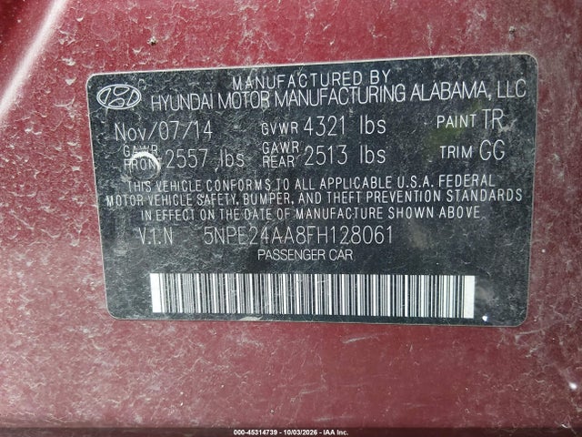 45314739 :رقم المزاد ، 5NPE24AA8FH128061 vin ، 2015 Hyundai Sonata Eco مزاد بيع