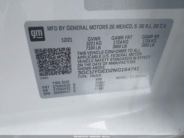 2022 Chevrolet Silverado 1500 Ltd 4wd  Short Bed Ltz მანქანა იყიდება აუქციონზე, vin: 3GCUYGED2NG164741, აუქციონის ნომერი: 45314745