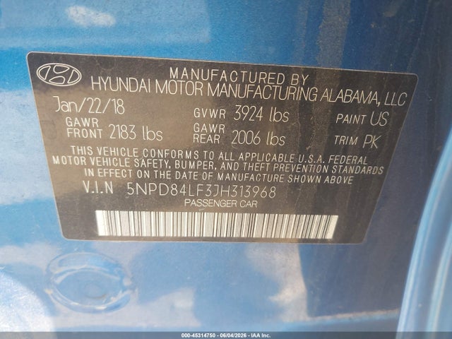 45314750 :رقم المزاد ، 5NPD84LF3JH313968 vin ، 2018 Hyundai Elantra Sel مزاد بيع