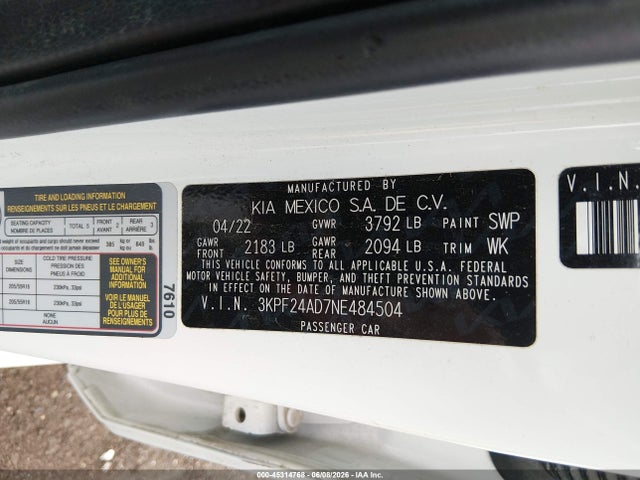 Продаж на аукціоні авто 2022 Kia Forte Lxs, vin: 3KPF24AD7NE484504, номер лоту: 45314768
