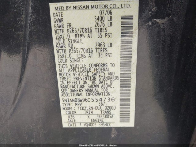 Продажа на аукционе авто 2006 Nissan Xterra S, vin: 5N1AN08W96C554736, номер лота: 45314775
