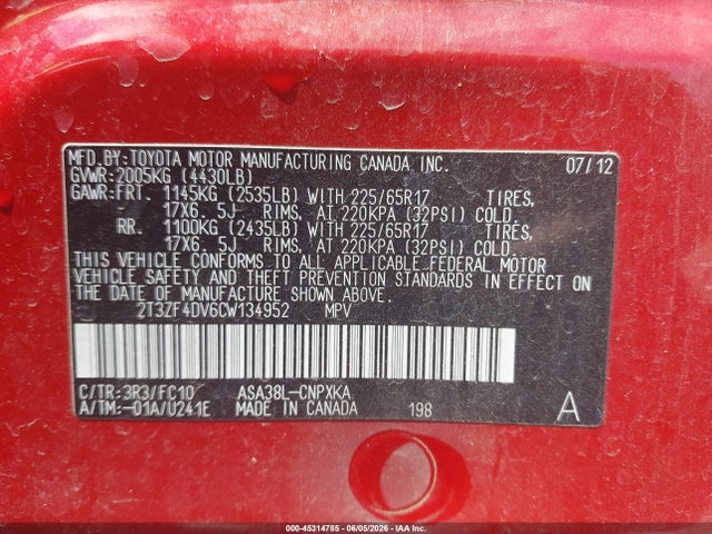 Aukcja sprzedaży 2012 Toyota Rav4, vin: 2T3ZF4DV6CW134952, numer aukcji: 45314785