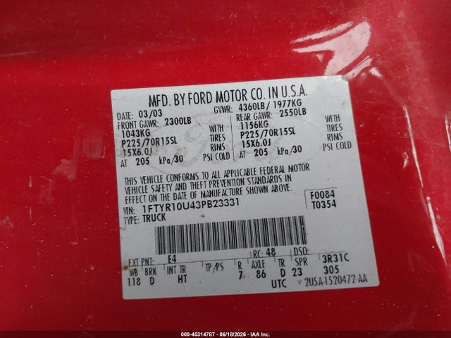 2003 Ford Ranger Edge/xl/xlt მანქანა იყიდება აუქციონზე, vin: 1FTYR10U43PB23331, აუქციონის ნომერი: 45314787