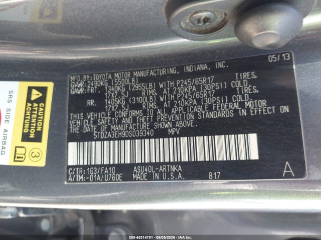 Aukcja sprzedaży 2013 Toyota Highlander Base Plus, vin: 5TDZA3EH9DS039340, numer aukcji: 45314791