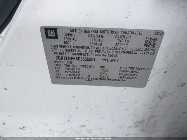 Продаж на аукціоні авто 2013 Chevrolet Equinox 2lt, vin: 2GNFLNEK5D6356201, номер лоту: 45314794